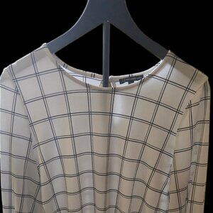 Adrianna Papell White & Black Windowpane Long Sleeve Blouse